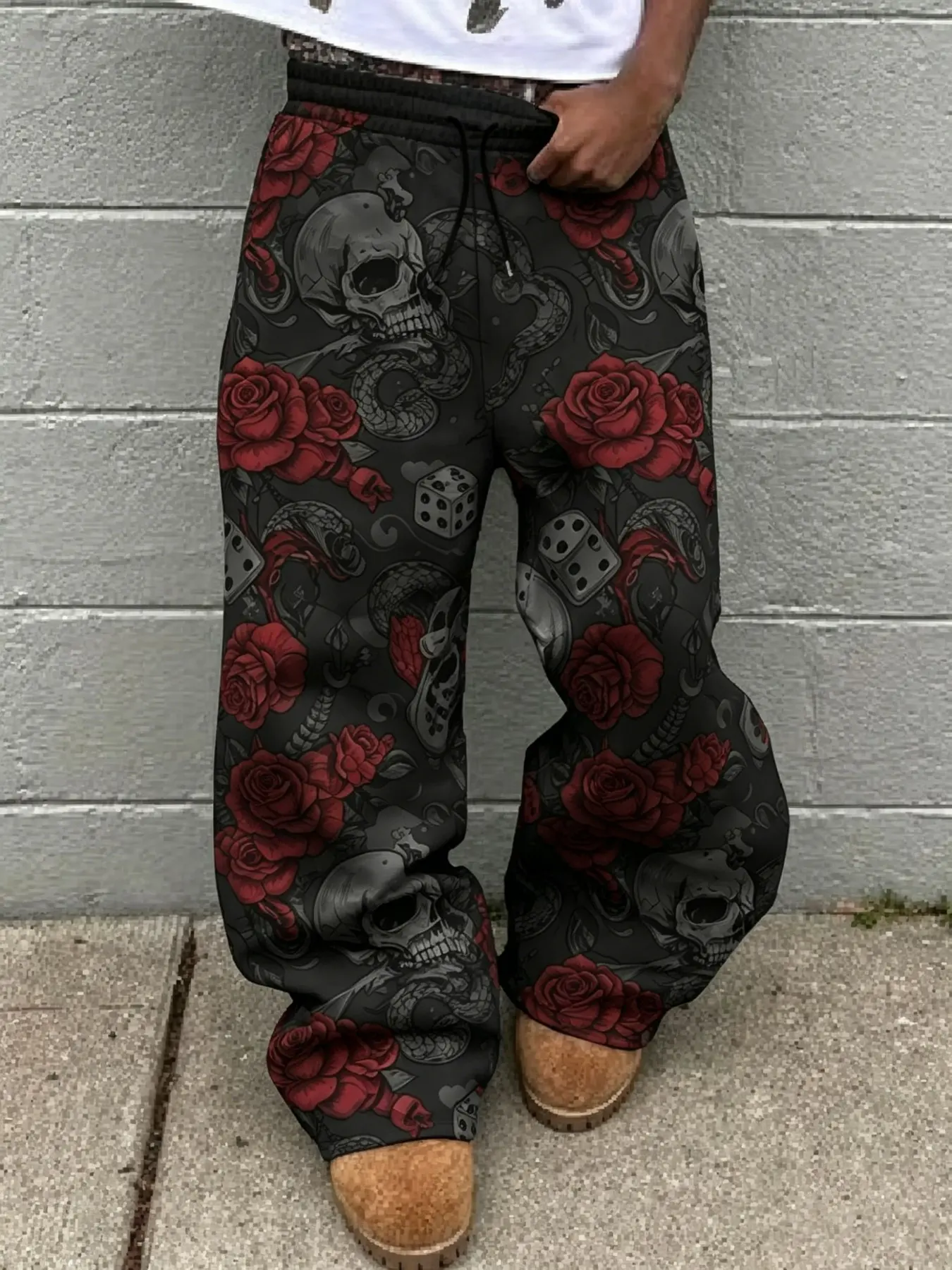 Men's American Skull Rose Digital Print Wide Leg Sweatpants, Drawstring Waist Loose Fit Casual Sports Pants, All Season Fashion Long Pants, Floral Print Sweatpants, Graphic Print Sweatpants