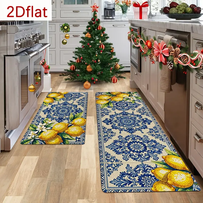 2/3pcs Mediterranean Style Lemon Floral Kitchen Mat Set, Blue And White Patterned Non-Slip Carpet,  Non-Slip And Comfortable, Machine Washable, Suitable for Kitchen Carpets, Bedroom Mats, Decorative Mats