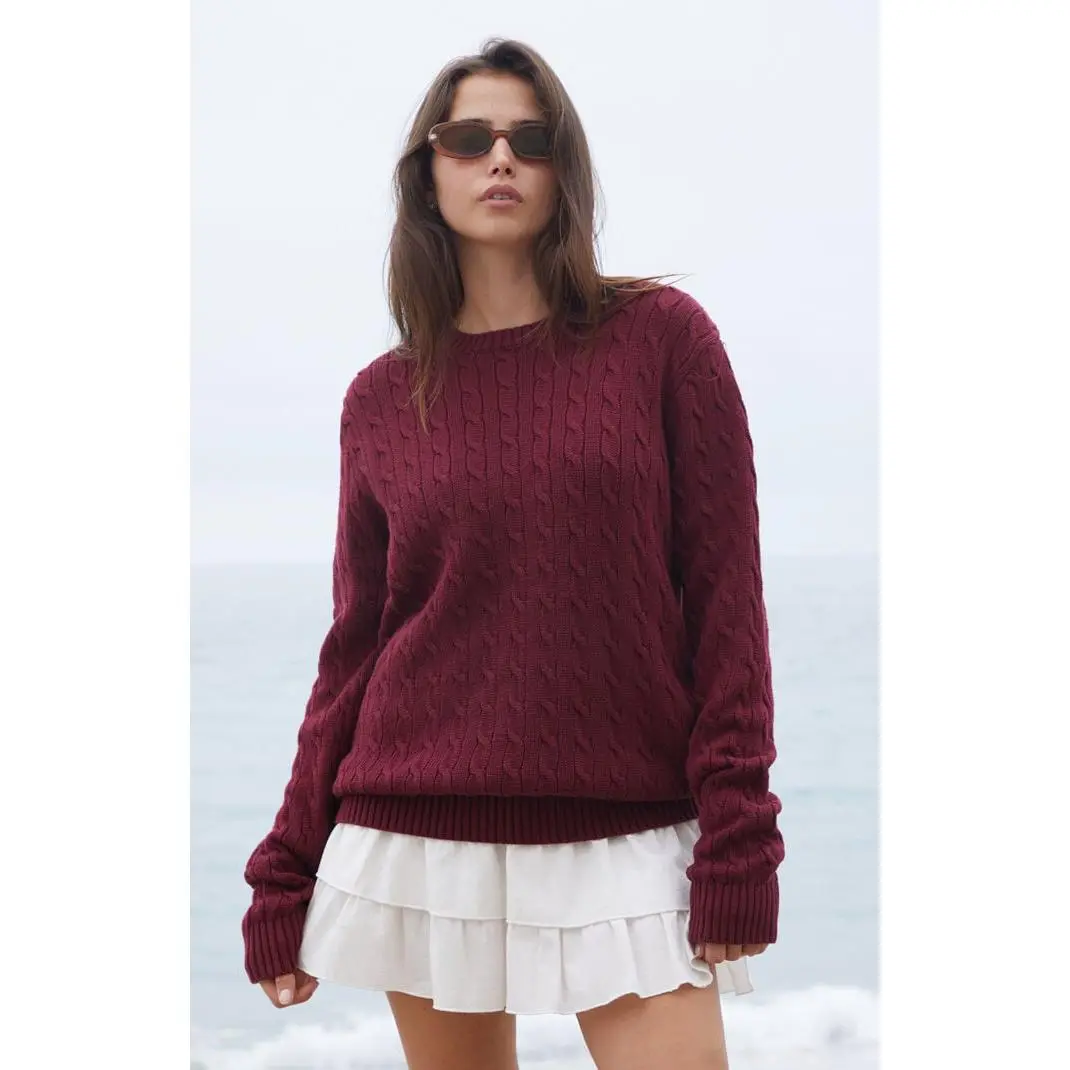 John Galt Women's Burgundy Cable Knit Sweater John Galt Women's Burgundy Cable Knit Sweater