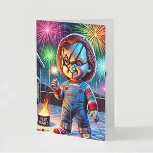 Chucky's Explosive New Year Horror Card - Fireworks and Frights for Horror Lovers with Unique Design and Fun Themes Set of 5