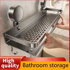 1 Piece Rustproof Wall-Mounted Shower Rack, with Suction Cup - Heavy Duty Polished Floating Rack, with Towel Hook, Space-Saving Bathroom Organizer, for Shampoo, Soap, and Accessories, Bathroom Organizer and Storage, Bathroom Tray, Bathroom Tray