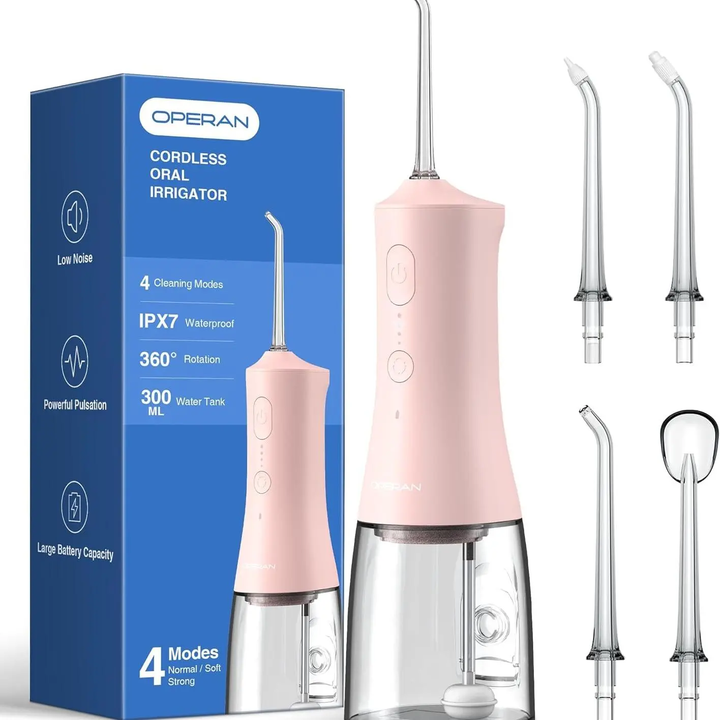 [FathersDayGift] Operan 869 Cordless Portable Rechargeable Water Flosser - 300ML, IPX7 Waterproof, 360-Degree Rotating Tips, 4 Modes Oral Irrigator, Oral Plaque Remover for Braces, Home & Travel Electric Teeth Cleaner Gift Oral Care Tools