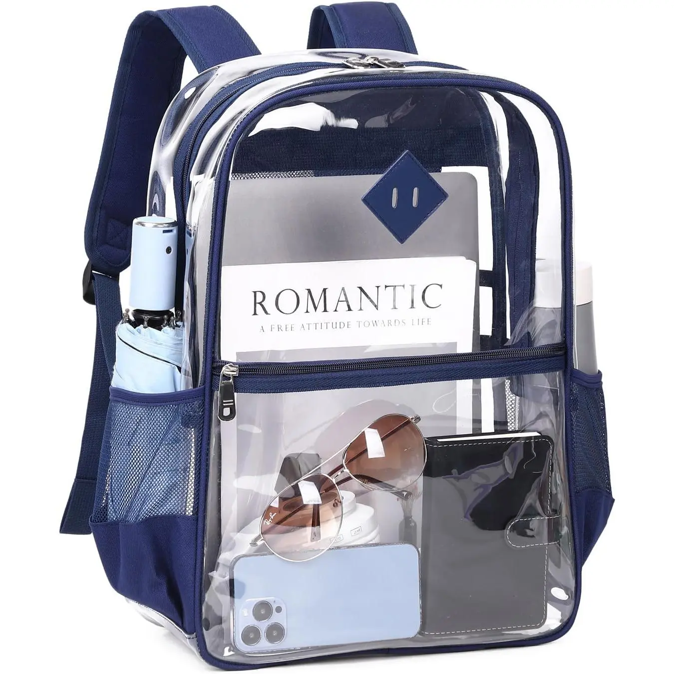 Clear Backpack, Heavy Duty See Through Book Bag for Work, , Concerts, College Transparent PVC bookback Stadium Approved, Navy Blue
