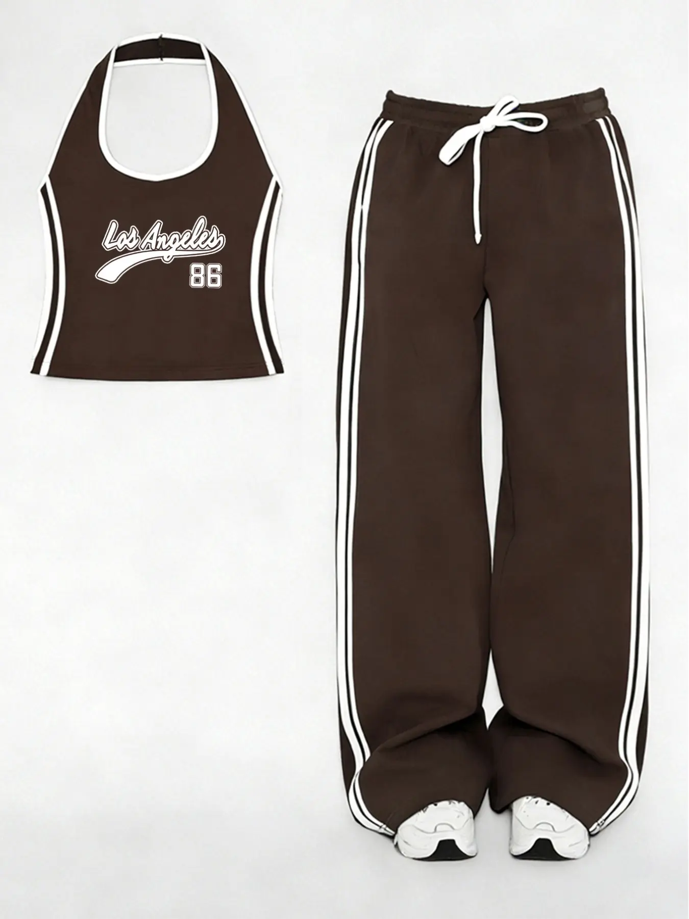 Women's Casual Sportswear Set, Halter Top and Long Pants Two-Piece, Classic Los Angeles 86 Print, Athleisure Style, Spring Summer, Workout Activewear, Letter Print Sweatsuit