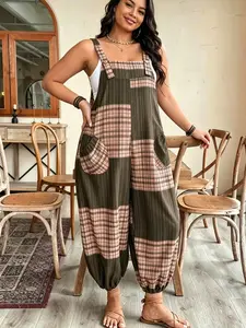 Plus size women's fashionable versatile color-block double-pocket cuffed overalls, Sleeveless, suitable for summer, daily commuting, casual wear, and vacation