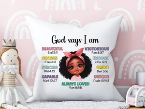God Says I Am Pillow with Character Design and Bible Quotes, Featuring "Beauty" and "Always Loved" Phrases