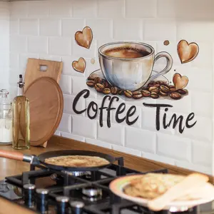 Colorful Coffee Cup Wall Sticker with Heart Design, English Slogan Decorative Decal for Home Background, Unique Kitchen Decoration