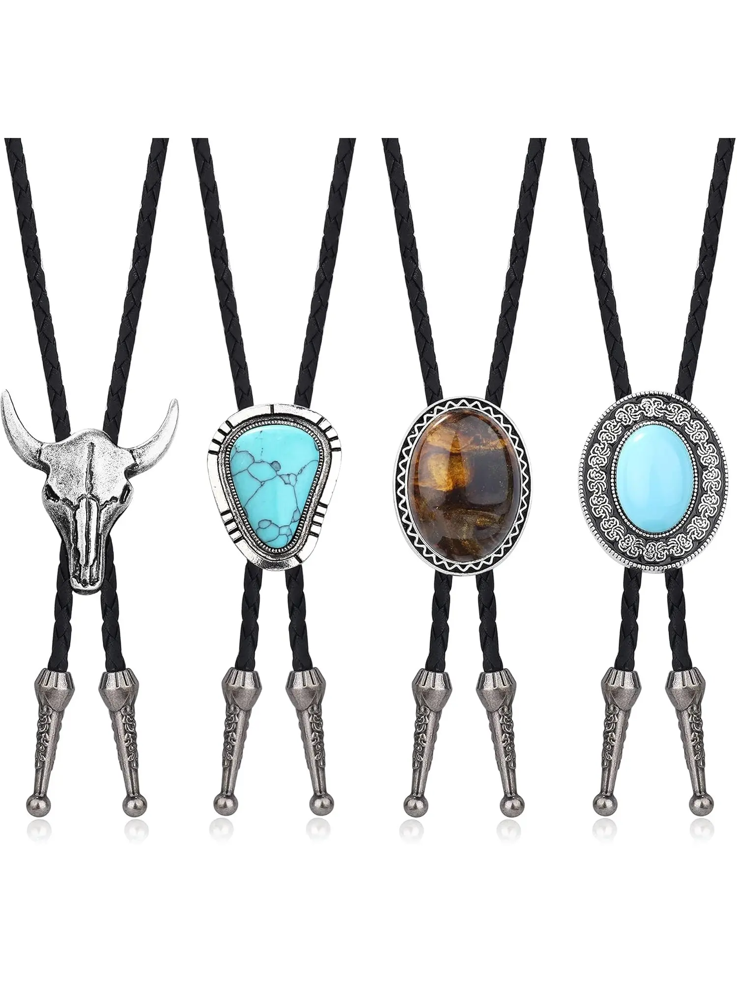 4Pcs Cowboy Bolo Tie for Men Cow Skull Design Western Vintage Tie Cowboy Accessories Bolo Tie Black Leather Necktie Necklace Boho Fashion Tie Tie Band Boho Casual Tie
