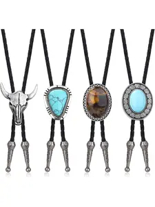 4Pcs Cowboy Bolo Tie for Men Cow Skull Design Western Vintage Tie Cowboy Accessories Bolo Tie Black Leather Necktie Necklace Boho Fashion Tie Tie Band Boho Casual Tie