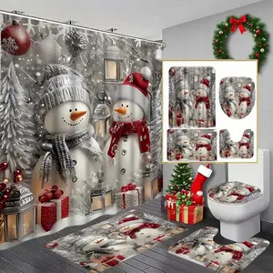 1/4pcs Christmas snowman shower curtain set with scarf design, festive design, non-slip floor mat, U-shaped carpet, toilet lid cover, perfect for bathroom decoration, partition, beautify space, free 12 shower curtain hooks, Bathroom Decoration Accessories