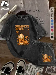 Pumpkin Spice Women's Suit, Pumpkin Spice and Everything Nic Halloween Print Pattern, Round Neck Casual, Outdoor Sports, Women's Four-season Short-sleeved and Stretch Shorts Suit, Top