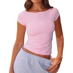 Women's Boat Neck Short Sleeve T-Shirts Y2K Cute Going Out Tops Summer Baby Tees