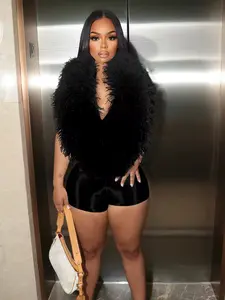 Soft Serve Feather Jumpsuit - Black Fur Design, Exclusive Fashion Icon Style, Above the Knee Length, Long Sleeve, Women's Wear, Minimalist Design, Summer Wear, Event Occasion, Basic Piece, Statement Overalls, Spandex, 93% Polyester 7% Spandex