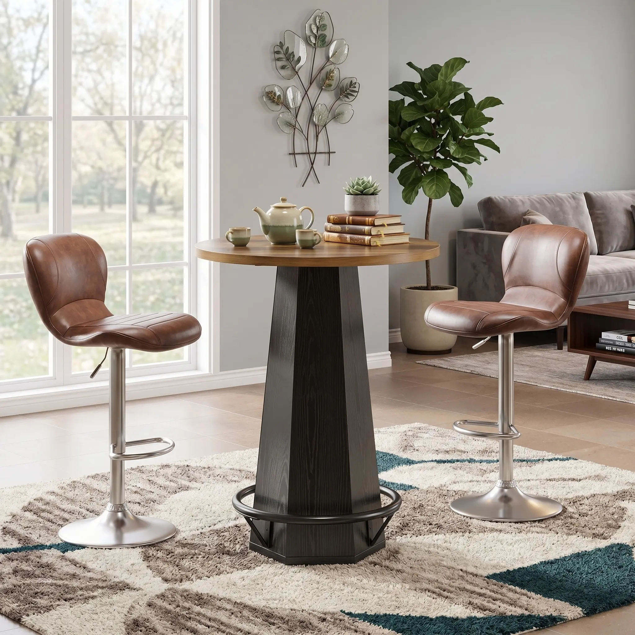 31.5 in Round Counter Height Bar Table - Brown & Black Bistro Pub Piece with Footrest, Solid Steel Frame Cocktail Table for Kitchen Home Bar Small Spaces, Solid Steel Frame Cocktail Tables