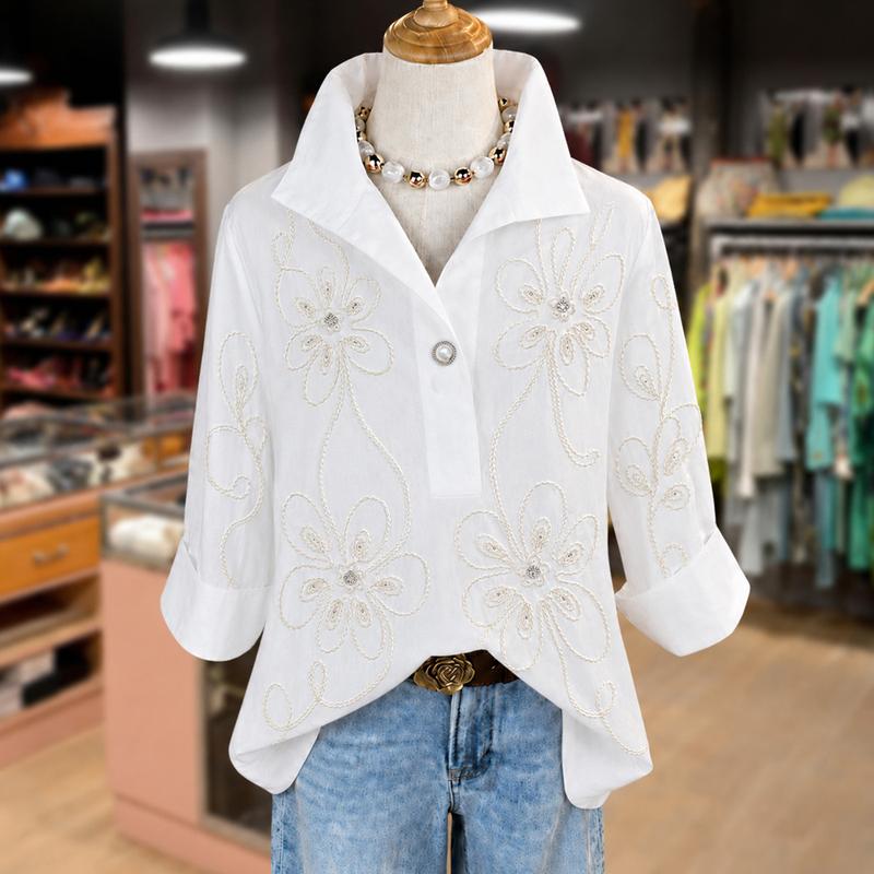 Cherrybetty 100%Cotton Feminine Flower Embroidered Collared Three Quater Sleeve Blouse Going Out Tops Shopping Plus Size Summer Outifts Chic Tops Deals Today For Women