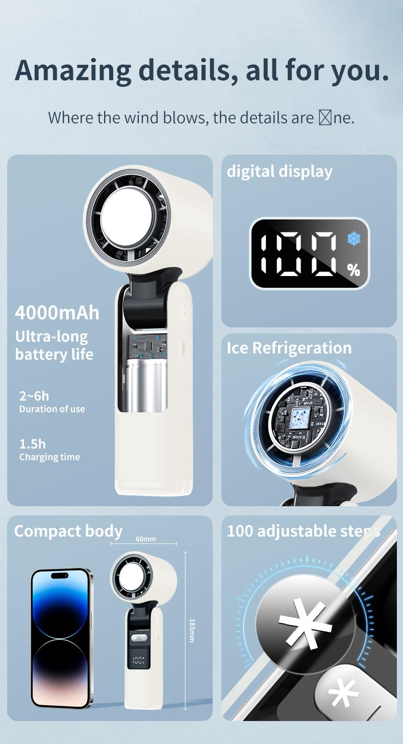 2026 New Portable Turbo Fan! 4000mAh Battery, Ice-Cooling Foldable, 5 Speeds + LED Display, Powerful Cooling Airflow, USB Rechargeable for /Travel/Work. Summer Must-Have! portable  fan outdoor activity turbo fan