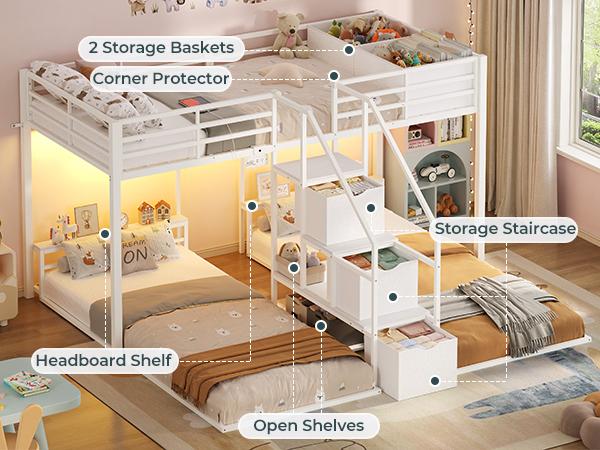 ADORNEVE Triple Bunk Bed with Storage Staircase, RGB Lights & Charging Station, Twin Over Twin, Heavy Duty Metal 3 Bunk Beds with Drawers & Headboard Shelf, Safety Guardrails, for Kids ADORNEVE Triple Bunk Bed with Storage Staircase, RGB Lights & Charging Station, Twin Over Twin, Heavy Duty Metal 3 Bunk Beds with Drawers & Headboard Shelf, Safety Guardrails, for Kids