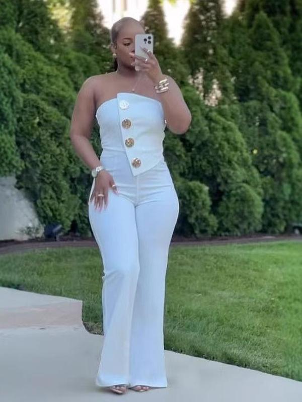 Women's Casual Off Shoulder Solid Color Strapless Belted Wide Leg Jumpsuit Romper in White - 60% Polyester 35% Rayon 5% Spandex