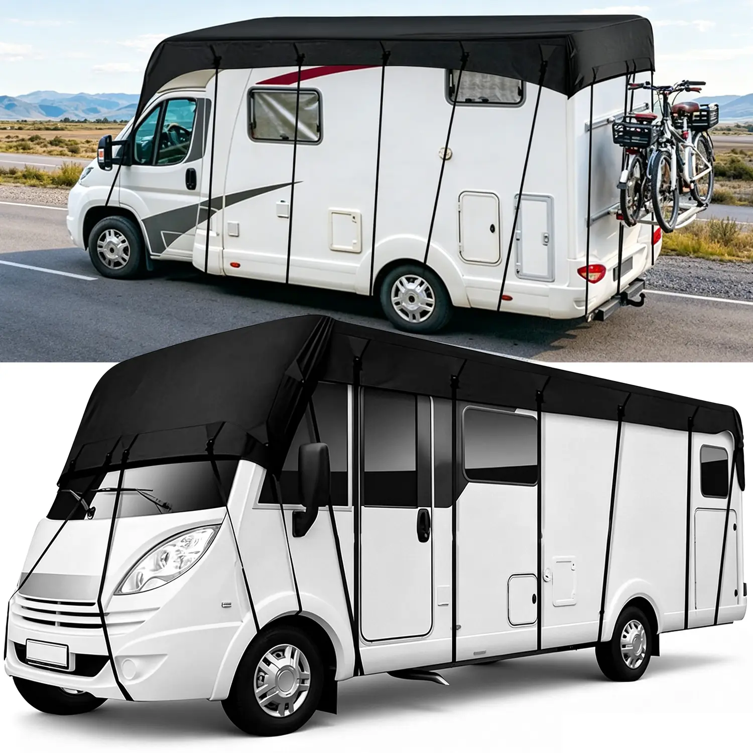 210T Waterproof RV Roof Cover, 4 Sizes S/M/L/XL Black All-Weather Camper Top Protector, UV & Dust Resistant Motorhome Cover