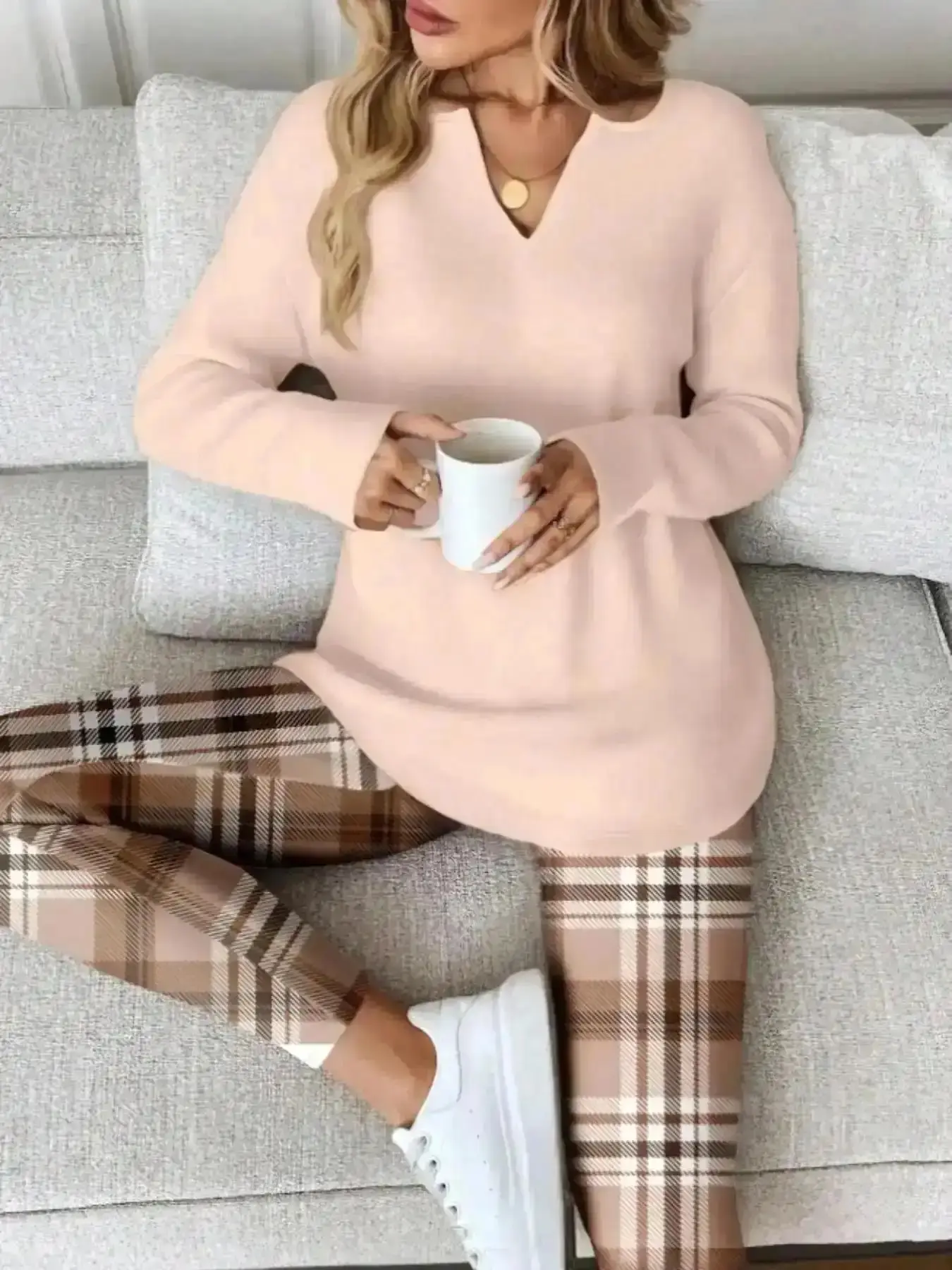 Trendy Soft Knit Top, Pcs/Set Women's Long Sleeve T-shirt and Plaid Leggings, Work From Home Outfit, Comfortable Outfits, Casual, Everyday, Knitted Lounge Set, Coord, Cozy, Versatile, Comfort, Wear, Style, Essential