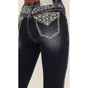 Grace In LA Women's Dark Wash Floral Paisley Embroidered Mid Rise Bootcut Jeans