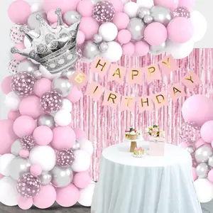 Pink Silver Birthday Decorations for Girl, 121pc Balloon Kit, Fringe Curtain, Crown Balloon, 13th-100th Birthday Decorations