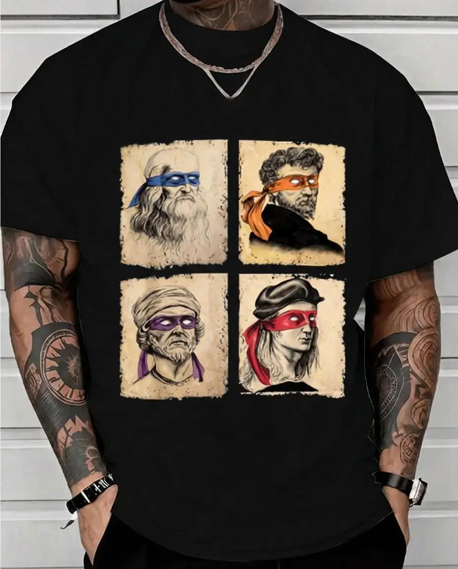 Vintage Art Ninja Parody T-Shirt | Men's Casual Short Sleeve Tee | Famous Artists in Ninja Mask Print | Humorous Renaissance Graphic | Comfort Cotton Top for Casual & Gifting