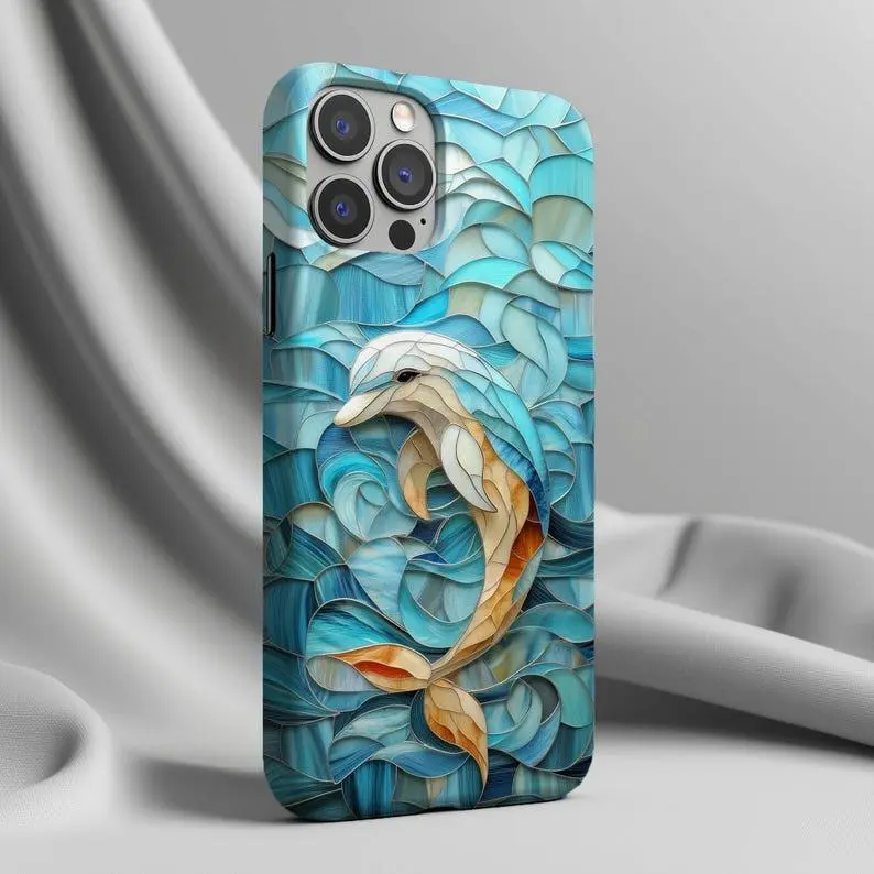 Dolphin Stained Glass Smartphone Case - Unique Nature-Inspired Ocean Lover Mosaic Faux Glass Protector, Dual-Layer Shockproof Polycarbonate-TPU Cover, Tough Handheld Devices Accessory for iPhone 11,12,13,14,15,16,17 Pro/Plus/Pro Max