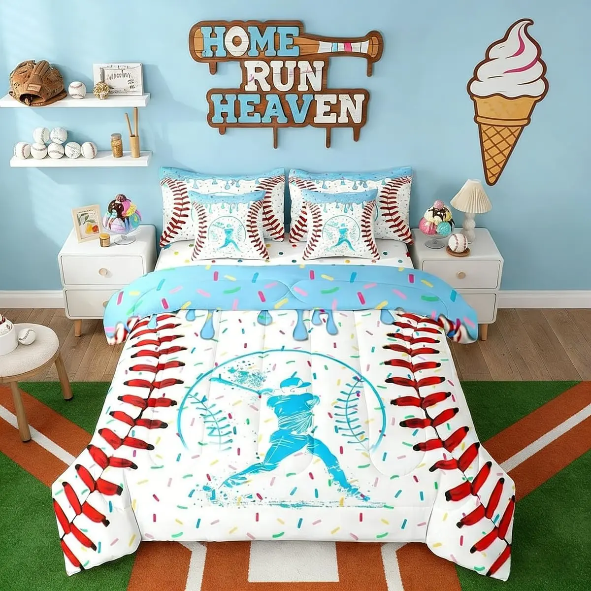 Ice Cream Baseball Comforter Set with Sheets Baseball Sports 7-Piece Bedding Set Bedroom Colorful Candy Dessert Bed in A Bag Athletes Silhouette Bed Sets,Blue