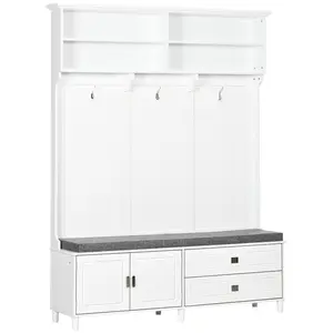 HOMCOM Hall Tree with Storage Bench, Entryway Bench with Coat Rack, Accent Coat Tree with Storage Shelves, Cabinet and Drawers for Hallway, Mudroom, White