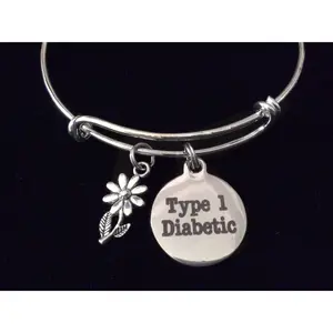 Type 1 Diabetic Silver Expandable Charm Bracelet Diabetes Adjustable Bangle Medical Alert Jewelry Gift