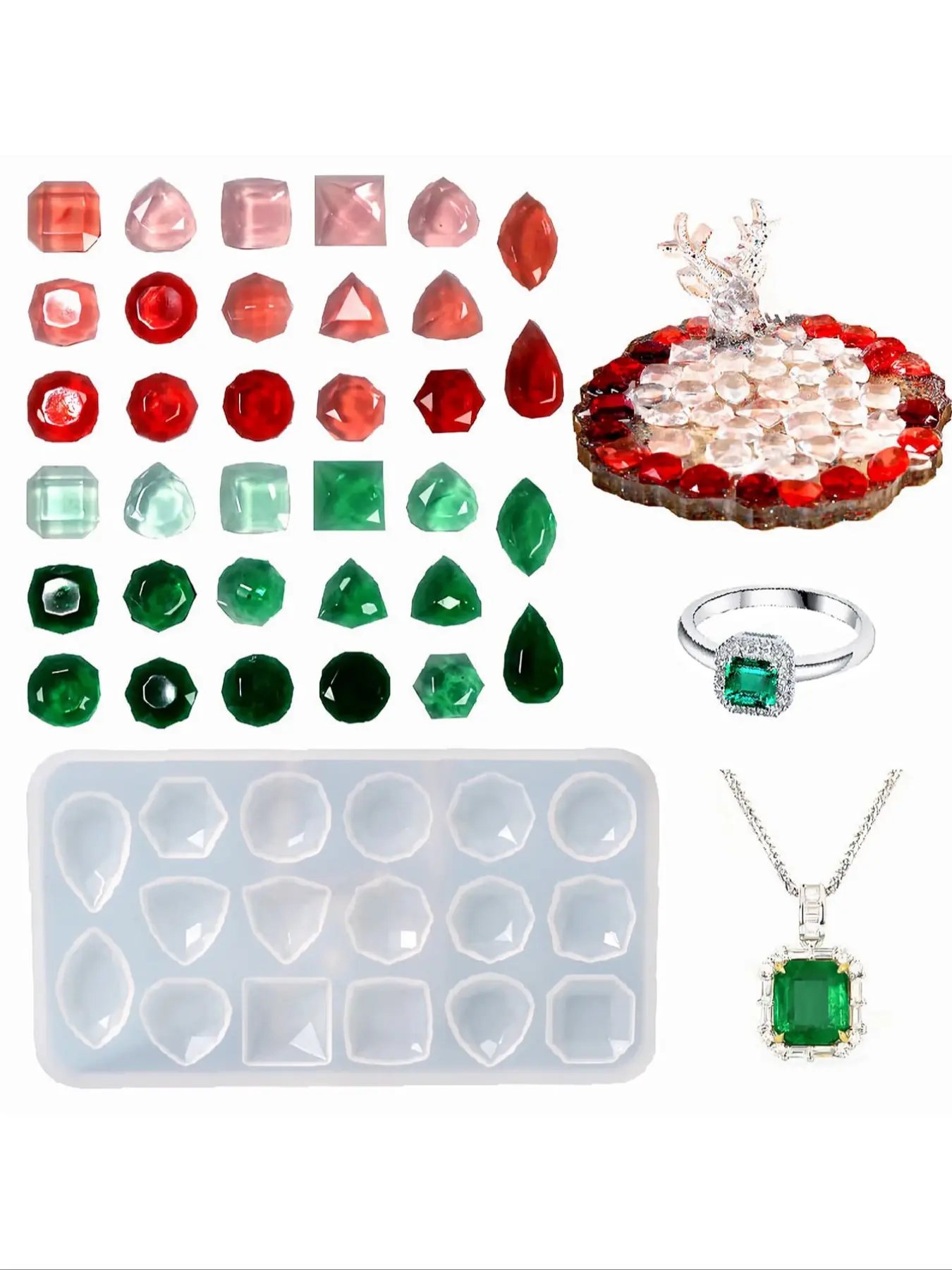 1pc 17 Cavities Faceted Gemstone Silicone Resin Molds, Multi Shapes Teardrop Square Round Triangle Crystal Casting Molds, Epoxy Resin Jewelry Making Molds for Ring Pendant Necklace, Nail Art, Bag Charms Watch Decor DIY Craft Supplies