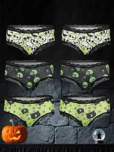 Morvia 6pcs Sexy Cute Gothic Halloween Contrast Lace Hipster Panties, Allover Print Comfy Intimates Briefs Panties, Women's Underwear & Lingerie, Lace Trim Panty
