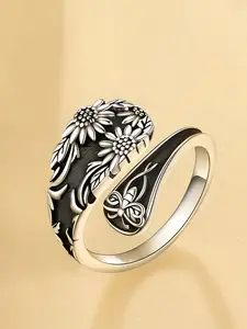 Bohemian Women's Fashion 925 Silver Sunflower Open Spoon Ring Statement Rings, Nickel-Free Vintage Adjustable Finger Ring, Anti-Allergy Daily Wear Gift Jewelry Unique Rings