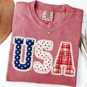Comfort Colors PRINTED Lace USA Varsity TShirt, 4th of July T-Shirt, Patriotic Quilted USA Graphic Tee, Independence Day Tee