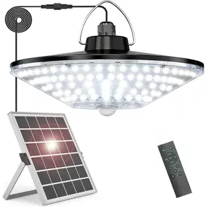 Solar Lights Indoor Outdoor, Solar Pendant Lights with Motion Sensor & Remote, 198 Bright LEDs, 5 Lighting Modes,  Energy Efficient for Shed Barn Chicken Coop Gazebo Garage Day & Night