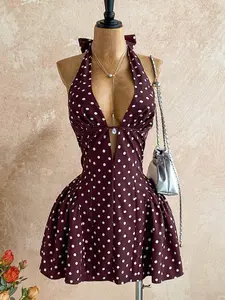 Women's Polka Dot V-Neck Hollow Waist A-Line Mini Dress, Suitable For Party, Christmas, Date, Nightclub, Bohemian, Boho, Vacation, Fall