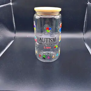 Autism Awareness Day 16 oz Glass Tumbler with Bamboo Lid & Stainless Steel Straw Featuring Colorful Icons