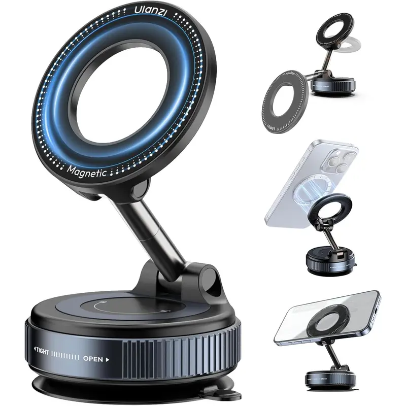 ULANZI SK-25 MagSafe Phone Holder for Car, Universal Smartphone Holder with Vacuum Suction Cup, 360-Degree Magnetic Suction Adjustable Stand Mounts, 14N+ Force, 1kg Max Load (Black) for Tiles & Mirrors
