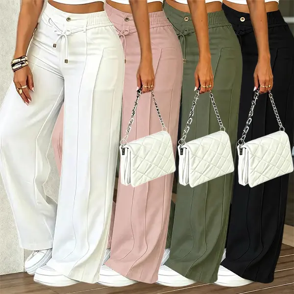 Set of 4 women’s wide-leg pants, made of 100% polyester, high-waisted design with decorative stitching at the front midsection, featuring a drawstring and gold buttons; straight-cut casual pants with good drape, suitable for summer wear, wrinkle-resistant