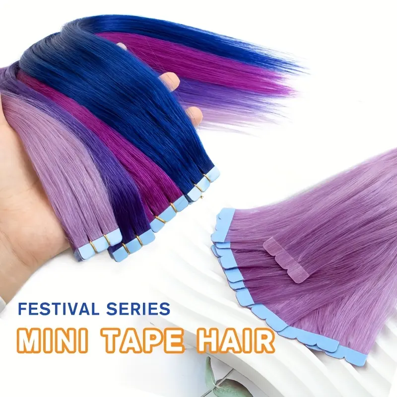 New Wholesale Hot 10pcs 12-20 Inch Blue Purple Gradient Tape-In Human Hair Extensions - Y2K Style Straight Mini Hair Extensions with Double-Sided Adhesive for Women & Men, Adds Highlights for Parties & Casual Attire, Quick Hairstyle Change, Vibrant Colors