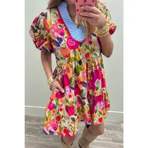 Rose Bright Floral Print Ricrac Trim Striped Patchwork V Neck Dress
