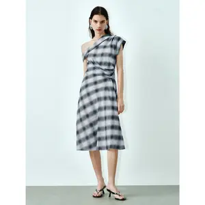 URBAN REVIVO Women's 2026 Spring Viscose-Polyester Blend Plaid Casual A-Line Maxi Dress - Short Sleeves, Thin Fabric, Cross-Cutout Back, Belted, UWJ750080