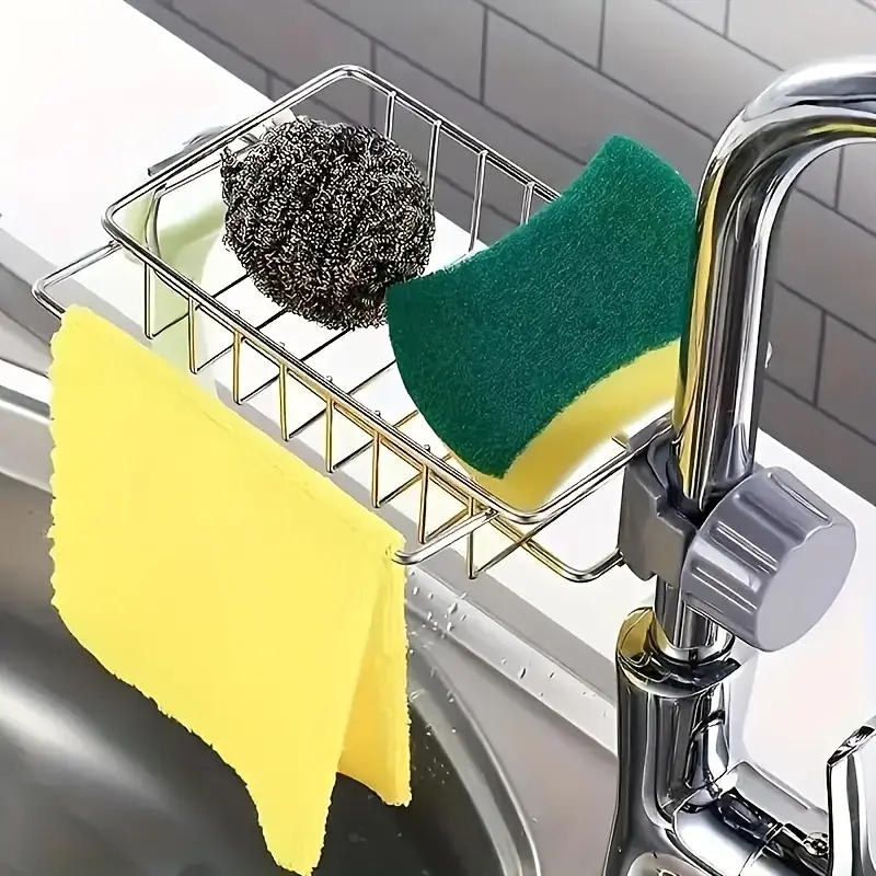 Stainless Steel Kitchen Sink Organizer Rack, Dish Drying Rack, Sponge Draining Holder, Hanging Basket for Mop Pads, RV Camper Accessories, Dish Drainer Organizer