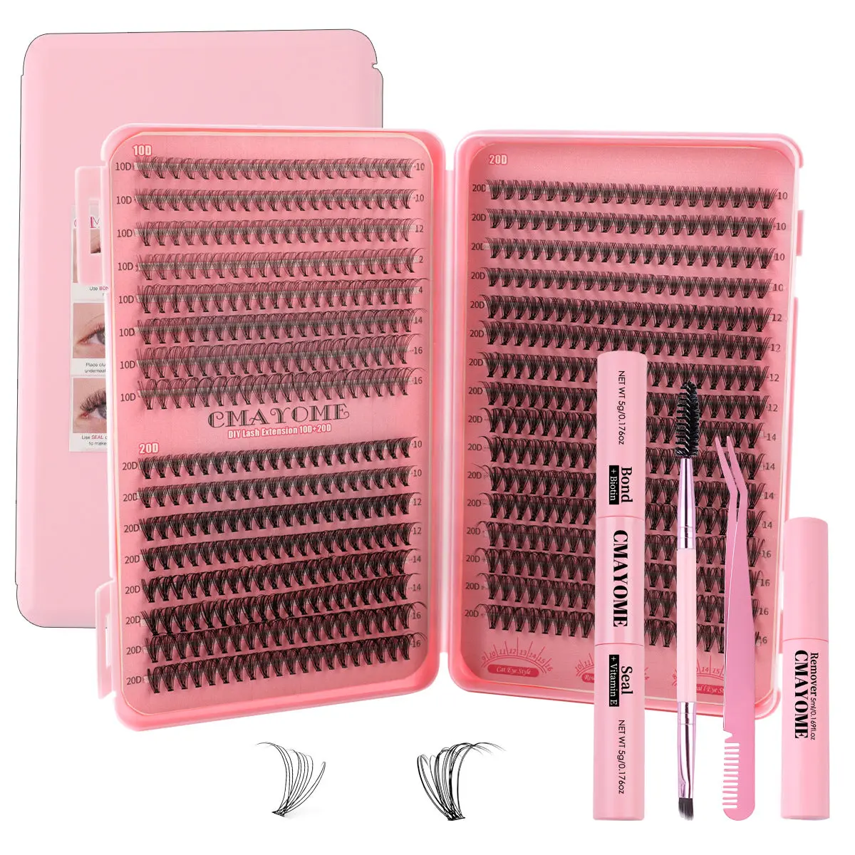 CMAYOME Thick Single Cluster Individual False Eyelash DIY-JMS-233 & DIY-JMS-234 Pink Four-Piece Set with Mascara & Glue