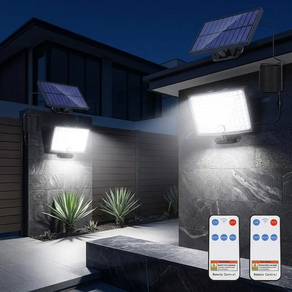 Leclstar Outdoor Solar Flood Light, Upgraded with Convex Lenses, 3 Modes, Remote Control, Motion Sensor, 16ft Cable, IP65 Waterproof Security Light for Yard, Garage