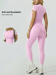 Two piece set women‘s crew neck short sleeve long pants skin friendly breathable soft fabric high elasticity sweat wicking peach hip tight shaping yoga wear buttery soft solid color home comfortable pajamas simple casual versatile loungewear set