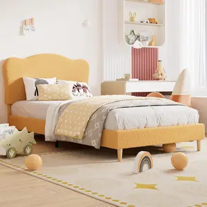 Gaomon Full-Size Boucle Upholstered Platform Bed Frame with Rounded Edges, Adjustable Headboard, Strong Wood Slats, Noise-Free Design, No Box Spring Needed, Easy Assembly, Yellow (for Kids)