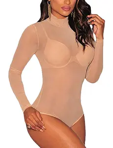 Women See Through Mesh Sheer Body Suit Girl Tops,Black Silk Contrast Bodysuit,Long Sleeved High Neck Piece for Lady Thong Seamless Fishing Net Clubwear Leotard,Fajas Para Mujer,Midnights Lingerie Underwear Women's Sheer