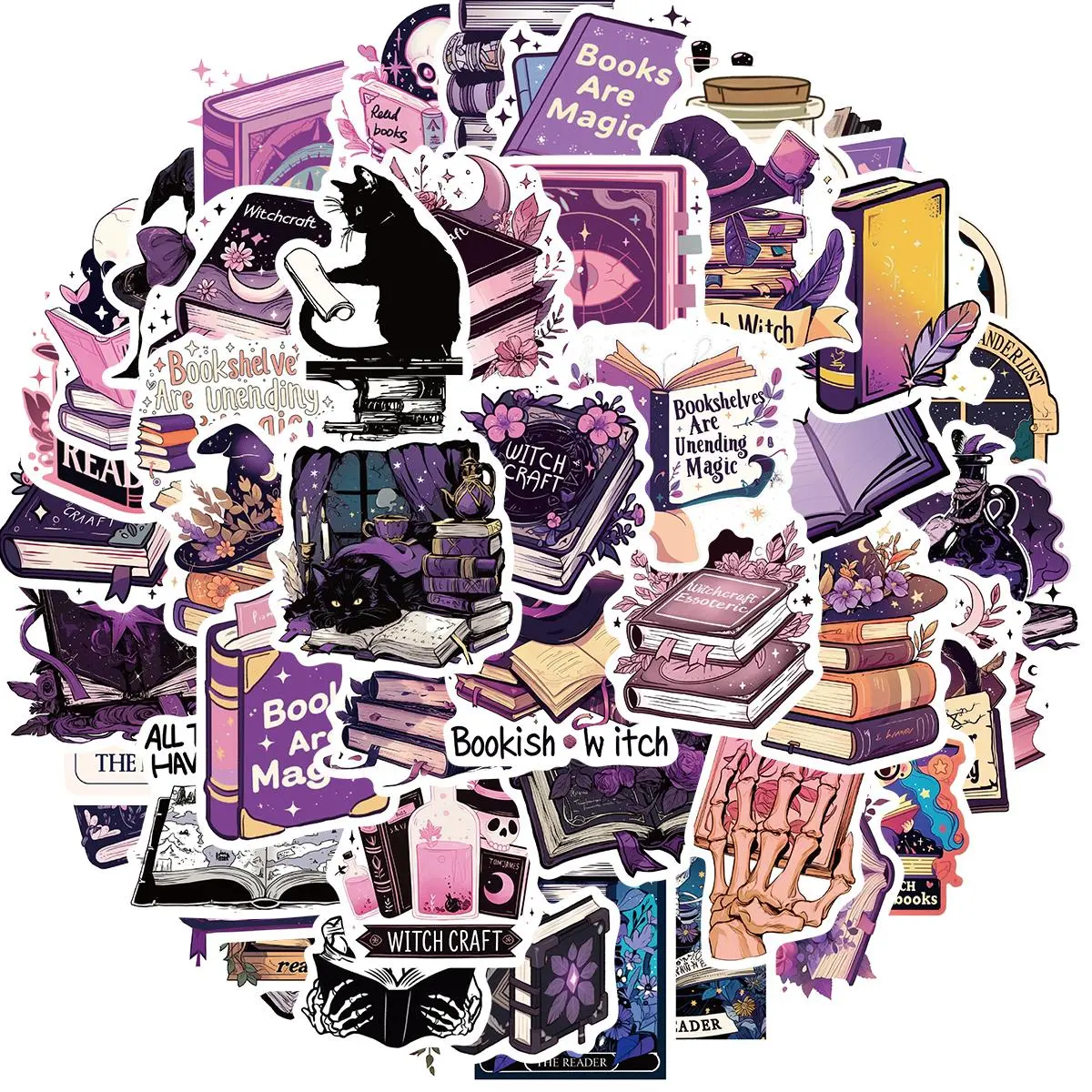 Bookish Witch Sticker, 50pcs/set Witchy Style Bookworm Sticker Pack for Kids Teens, Vinyl Decals for Laptop Water Bottle Girls